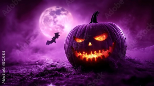 Illuminated jack-o'-lantern with a spooky carved face sits in a field at night under a full moon with a bat flying nearby. photo