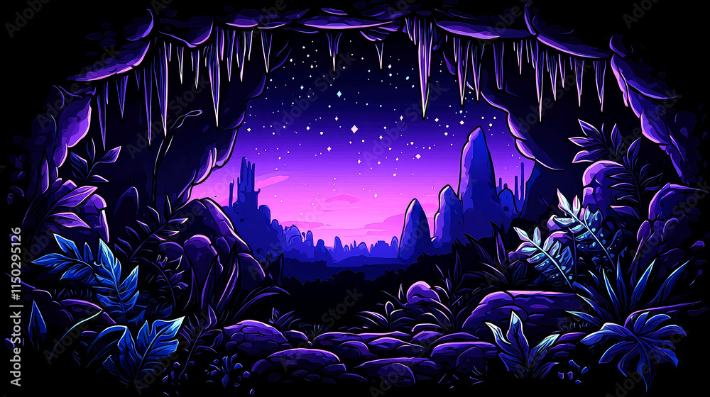 Fototapeta premium Cave opening to a purple fantasy landscape.