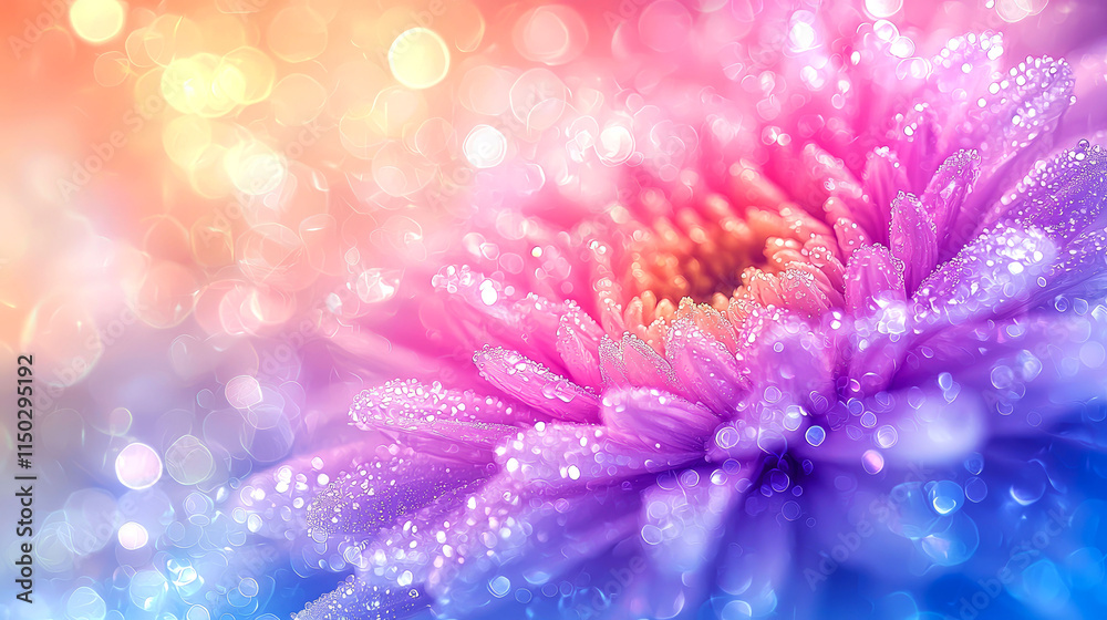 Obraz premium Close-up of a vibrant, dew-covered flower with a bokeh background.