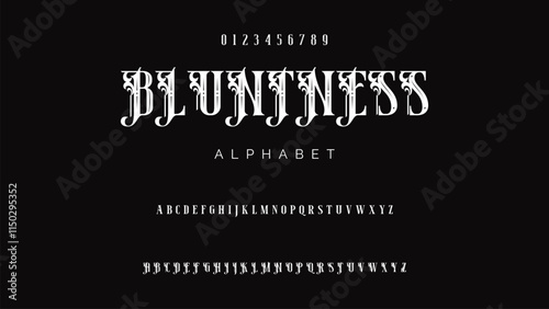 Craft vintage typeface design. Graphic display alphabet. Fantasy type letters. Latin characters, numbers. Vector illustration. Old badge, label, logo template.