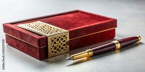 Luxurious Red Velvet Gift Box with Ornate Gold Accents and Elegant Pen