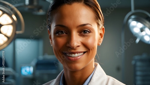 A close-up shot of a smiling doctor, illuminated by soft, warm lighting, set against a blurred, moody background of a dimly lit operating room, with hints of stainless steel medical equipment and fain photo