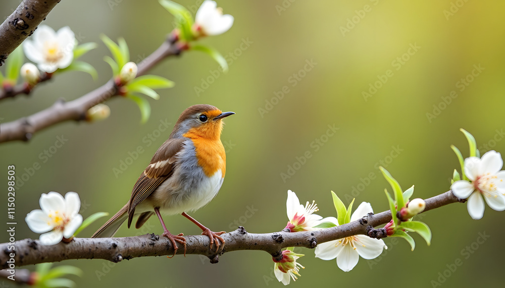 Charming bird perched on a branch with blooming flowers, signaling the arrival of spring Charming bird perched on a branch with blooming flowers, signaling the arrival of spring