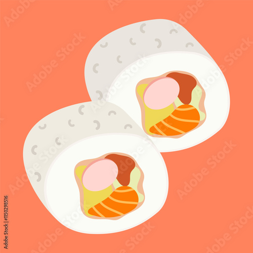 Traditional Asian dishes featuring sushi, dumplings, and seafood delicacies. Vector flat Illustration