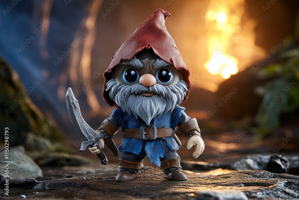 Obraz premium A sinister depiction of a gnome in a tattered hood, forging a cursed blade in a dark cavern lit by the flickering glow of molten metal