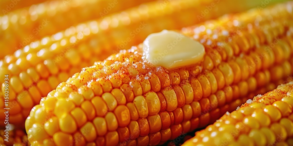 Close-up of grilled corn on the cob with butter and spices. Close-up of grilled corn on the cob with butter and spices.