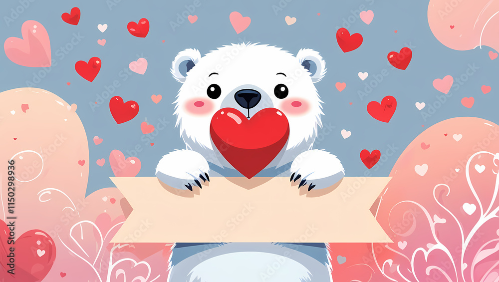 Obraz premium Love is in the Air: A sweet, cartoon polar bear holds a giant heart, surrounded by hearts of all sizes, against a dreamy, pastel background. Perfect for Valentine's Day, wedding invitations.