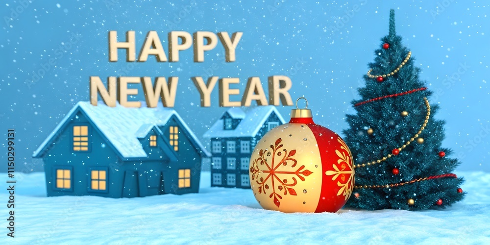 Fototapeta premium Happy New Near 2025 text -Christmas Ornament Abstract New Concept Winter Forest Landscape Snowy Background