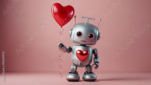 Robot Love: A charming robot holding a heart-shaped balloon, showcasing a sweet and unexpected side of AI and technology. Perfect for Valentine's Day, love, technology. photo