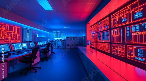 Control room filled with cyber alerts, ICS systems in intense red and blue light.