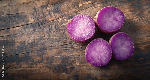 Purple potatoes cut in half on a wooden table, top view. photo