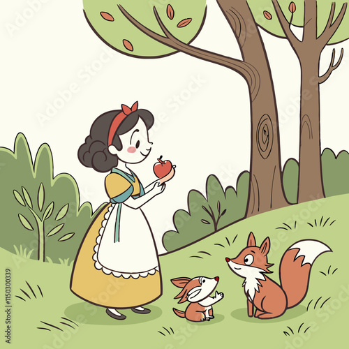 Little cute beautiful princess stands in the forest among trees and animals. Girl holding an apple in her hands. Vector illustration in cartoon style.