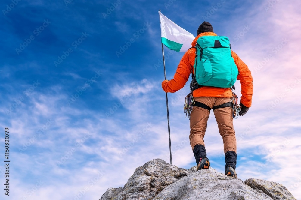 A sunrise view of a mountain peak with a climber planting a flag at the summit, symbolizing achievement and ambition A sunrise view of a mountain peak with a climber planting a flag at the summit, symbolizing achievement and ambition