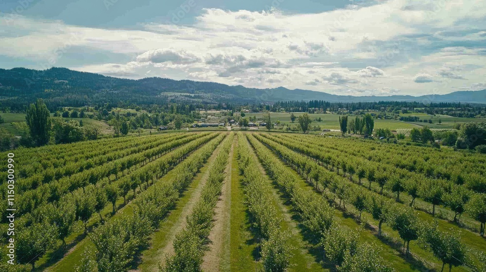 Aerial View of Lush Orchard in Mountain Valley Aerial View of Lush Orchard in Mountain Valley
