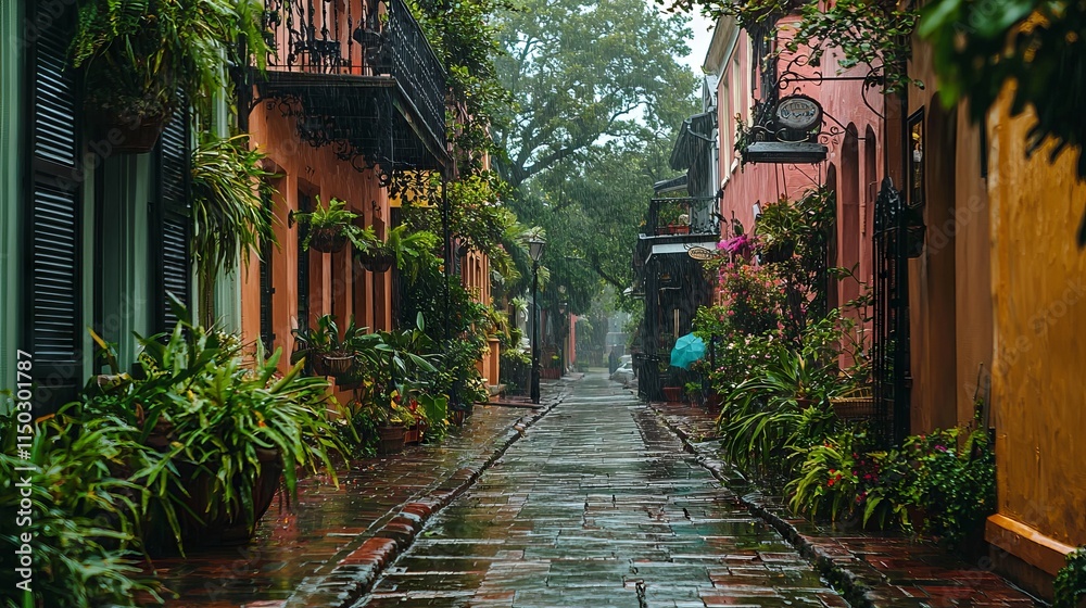 Fototapeta premium Rainy Street in Colorful Historic Neighborhood