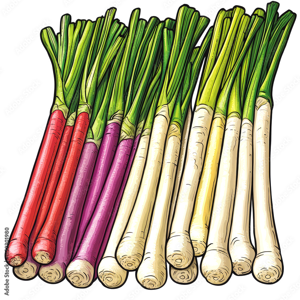 Fototapeta premium Colorful scallions bunch, red, purple, white.