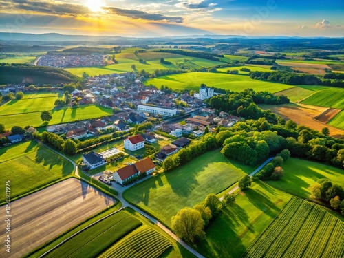 Aerial View of Garching, Germany: Lush Green Fields and Modern Architecture photo