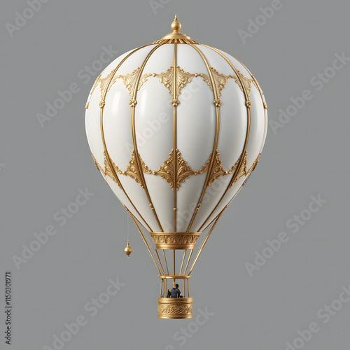 3D  white hot air balloon with gold detailing, creating a whimsical and vintage look, perfect for themes of travel, adventure, and fantasy. Isolated on transparent background photo