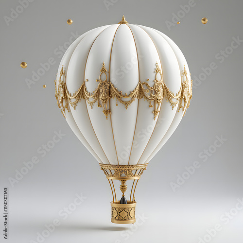 3D  white hot air balloon with gold detailing, creating a whimsical and vintage look, perfect for themes of travel, adventure, and fantasy. Isolated on transparent background photo