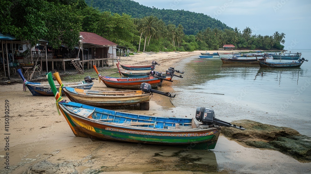 Serene Beach in Thailand with Colorful Longtail Boats Serene Beach in Thailand with Colorful Longtail Boats