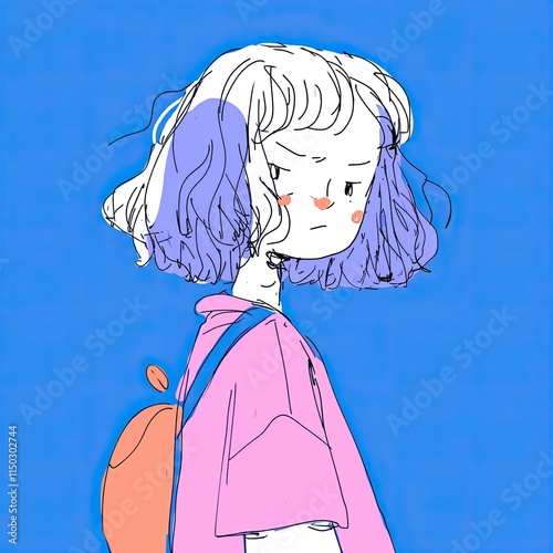Girl with Backpack Illustration, Blue Background