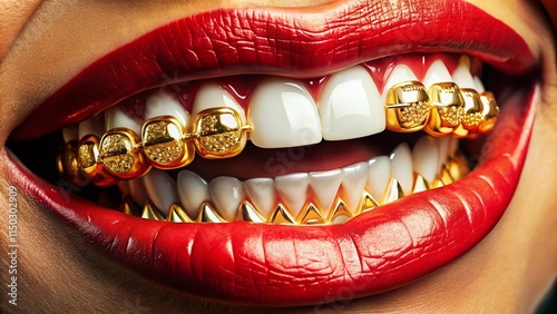 Aerial View of Sparkling Gold Grillz on a Model's Teeth, Drone Photography photo