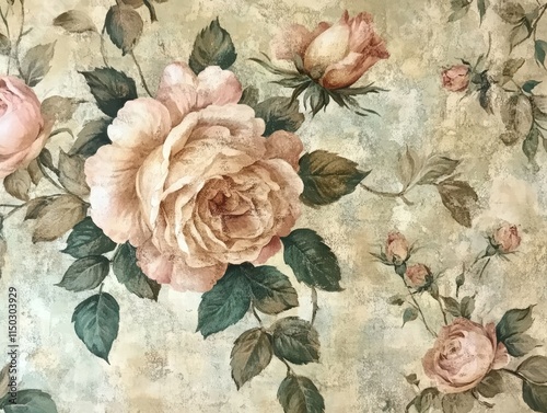 Transform your home with vintage floral wallpaper of faded roses and lush greenery photo