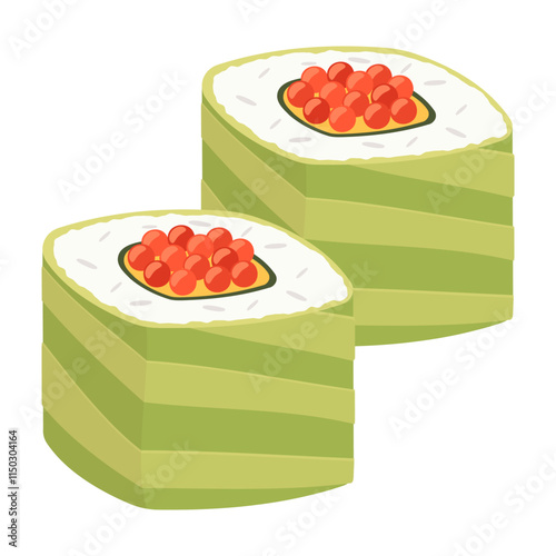 Authentic Japanese sushi and side dishes with vibrant ingredients. Vector flat Illustration