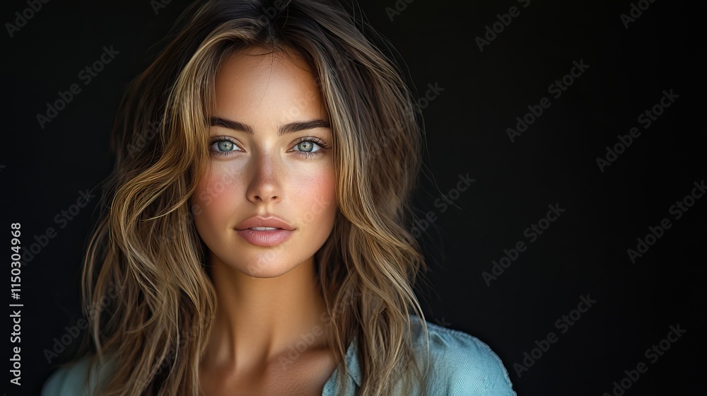 A beautiful woman with confident expression and casual clothes, showcasing fashion, hair, and cosmetics in a studio portrait A beautiful woman with confident expression and casual clothes, showcasing fashion, hair, and cosmetics in a studio portrait