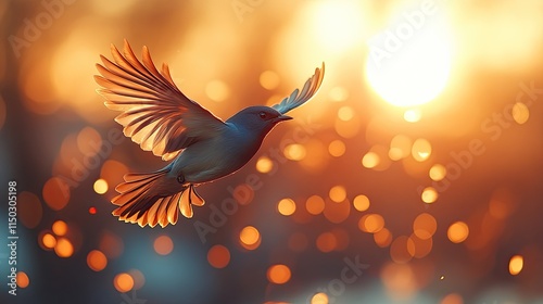 A bird flying in a city at sunset symbolizes hope, peace, and faith; this abstract image represents belief and spiritual freedom photo