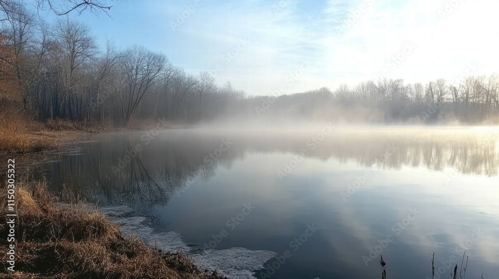 Fototapeta premium Tranquil morning mist over a quiet lake nature photography serene landscape wide open sky