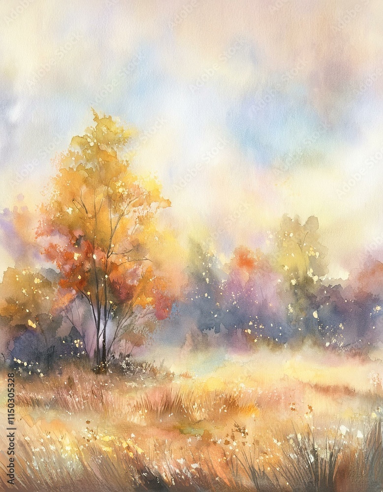 Fototapeta premium Nostalgic natural watercolor style landscape painting.