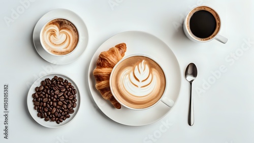 Cup of cappuccino and a freshly baked croissant arranged on a white background for a classic breakfast setting