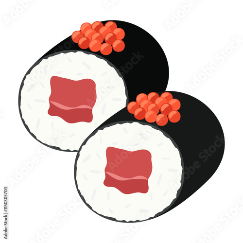 Authentic Japanese sushi and side dishes with vibrant ingredients. Vector flat Illustration