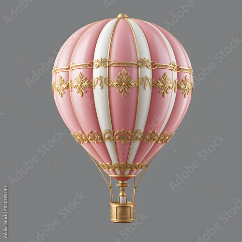 3D pink and white hot air balloon with gold detailing, creating a whimsical and vintage look, perfect for themes of travel, adventure, and fantasy. Isolated on transparent background photo