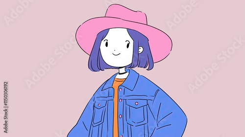 Girl in Pink Hat and Denim Jacket Illustration, A Pastel-Colored Anime-Style Character Design with Short Hair, Smiling Cheerfully
