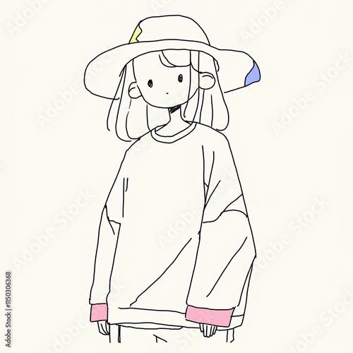 Simple Line Drawing of Girl Wearing Oversized Sweater and Hat, Minimalist Fashion Illustration with Pastel Accents