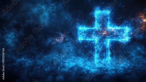 A blue medical cross symbolizes healthcare innovation in cancer research and cardiology, representing insurance and science for vaccines and cures