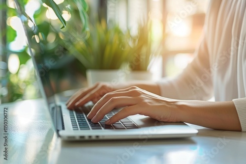 A woman is typing on a laptop in front of a potted plant