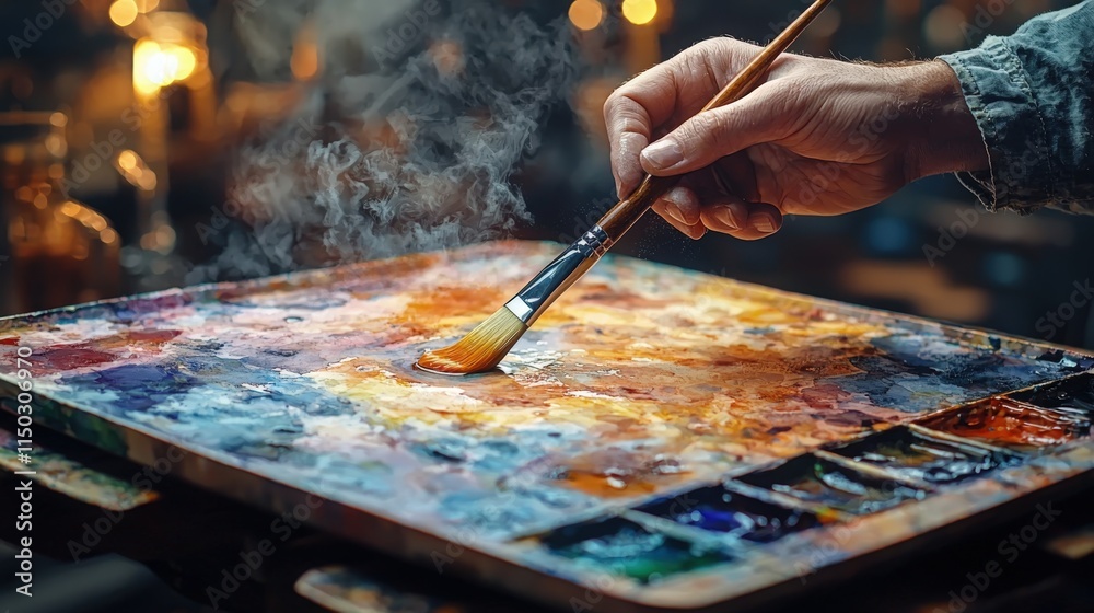 Fototapeta premium Creative artist working on vibrant palette during a serene indoor session at dusk