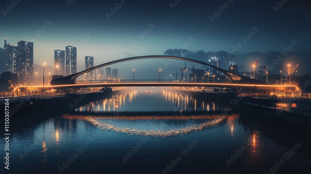 Obraz premium Modern urban bridge connects two districts at night reflecting vibrant architecture in water showcasing city life