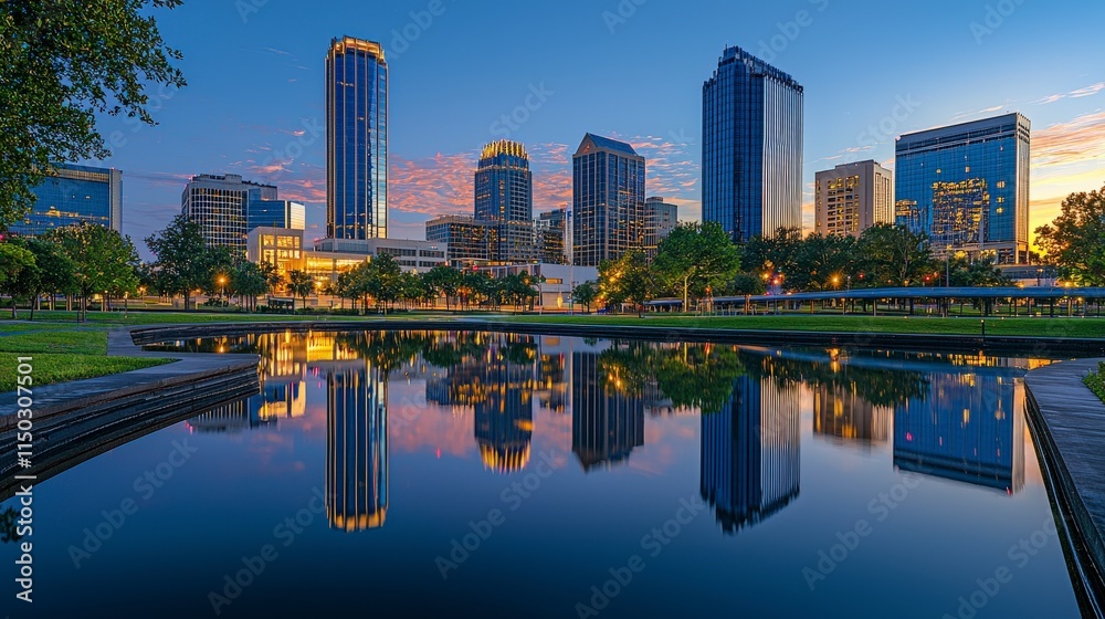 Fototapeta premium City center reflections iconic skyscrapers in twilight urban landscape serene waterscape dynamic viewpoint