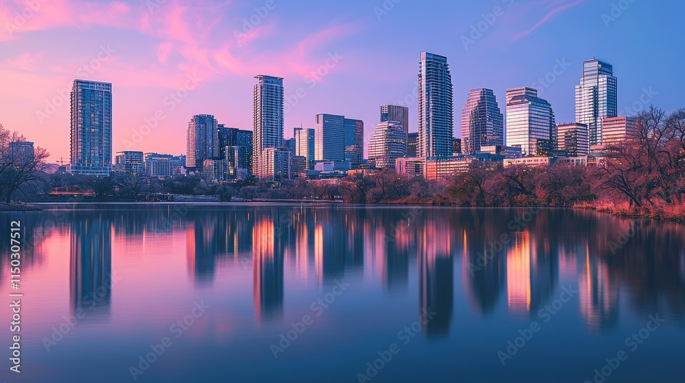 Obraz premium City center skyscrapers and reflections at sunset urban landscape photography calm lake scenic view serenity