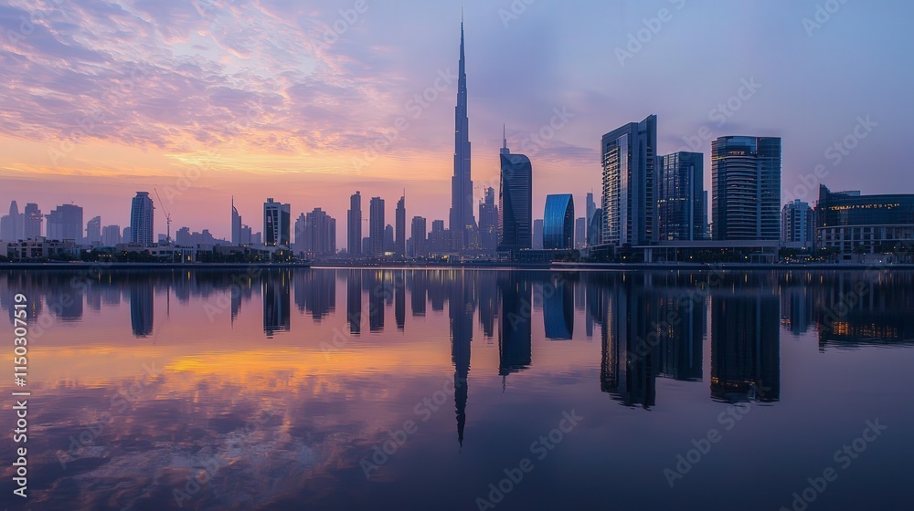 Fototapeta premium City center reflection iconic skyscrapers at sunrise over water urban landscape dreamlike serenity