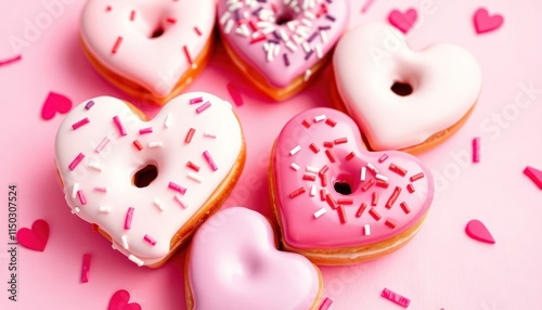 Cute heart-shaped donuts with colorful icing and sprinkles for Valentine treats.