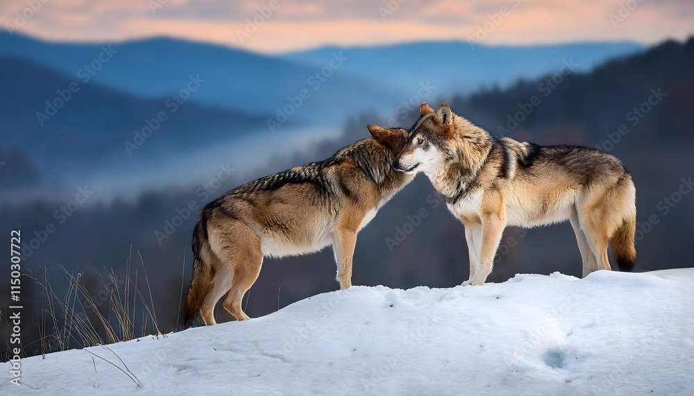 Two Wolves in Snowy Mountains at Sunset Wildlife Photography