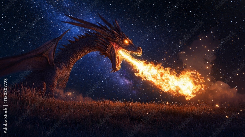 Fototapeta premium Colossal dragon breathing fire under starry night sky fantasy scene magical environment dramatic viewpoint mythical concept