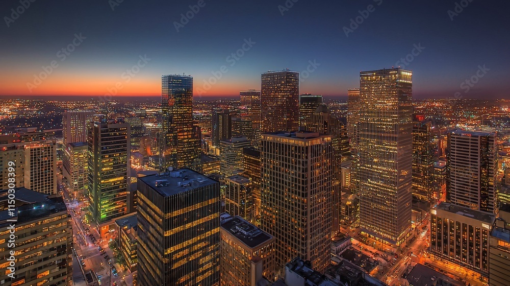 Fototapeta premium Skyscrapers illuminated at dusk urban cityscape aerial view nighttime high angle modern architecture