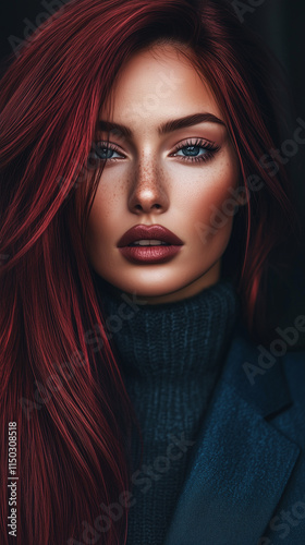 Close-Up of Lady with Cherry Cola Ombre Hair in Dark Blue Jacket