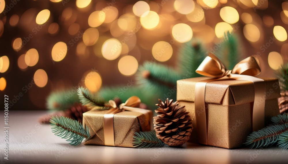 Generated image christmas and new year background - gift boxes and pine cones and branches on the background Generated image christmas and new year background - gift boxes and pine cones and branches on the background